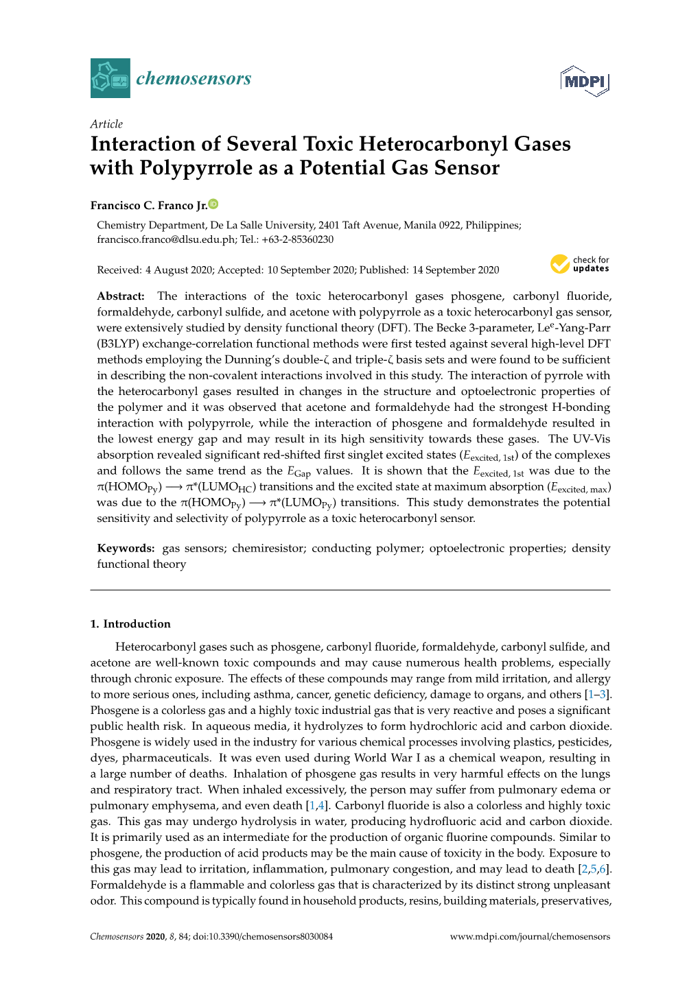 Interaction of Several Toxic Heterocarbonyl Gases with Polypyrrole As a Potential Gas Sensor