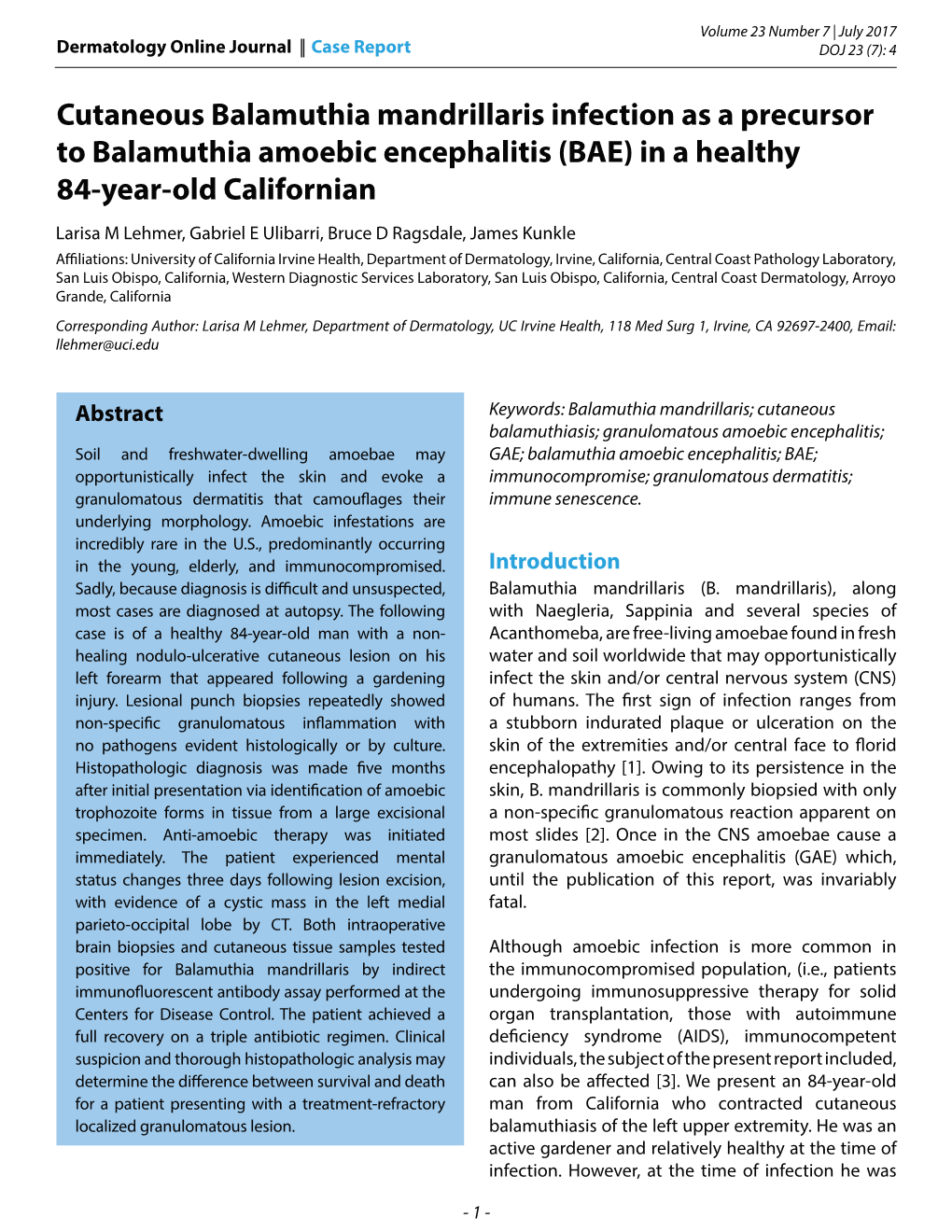 Cutaneous Balamuthia Mandrillaris Infection As a Precursor To