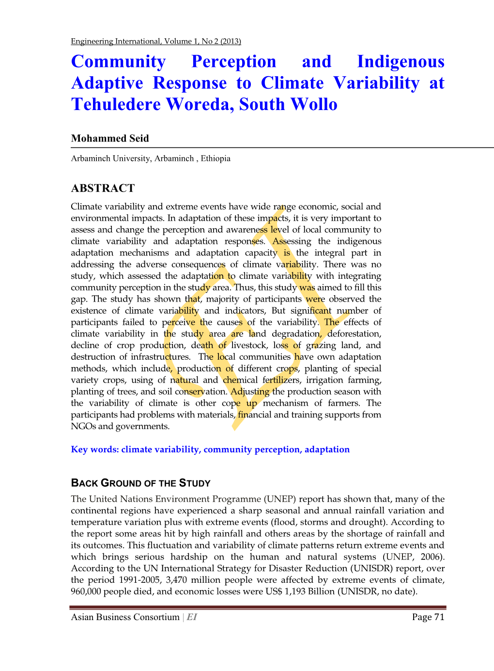 Community Perception and Indigenous Adaptive Response to Climate Variability at Tehuledere Woreda, South Wollo