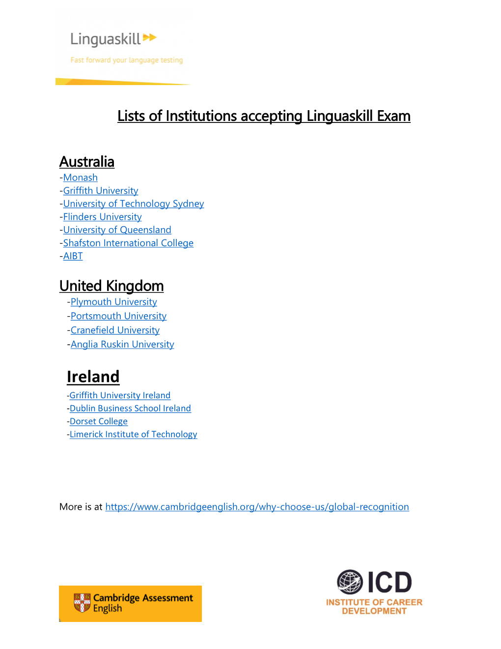 Lists of Institutions Accepting TOEFL Home Edition