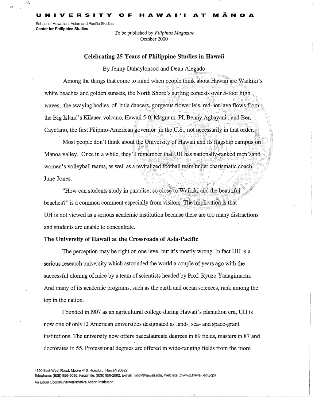 Celebrating 25 Years of Philippine Studies in Hawaii.Pdf