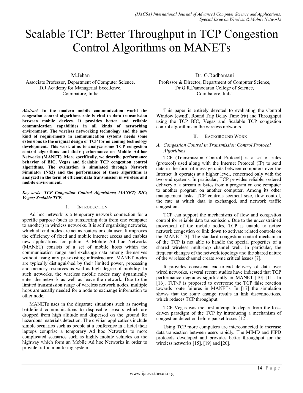 Better Throughput in TCP Congestion Control Algorithms on Manets
