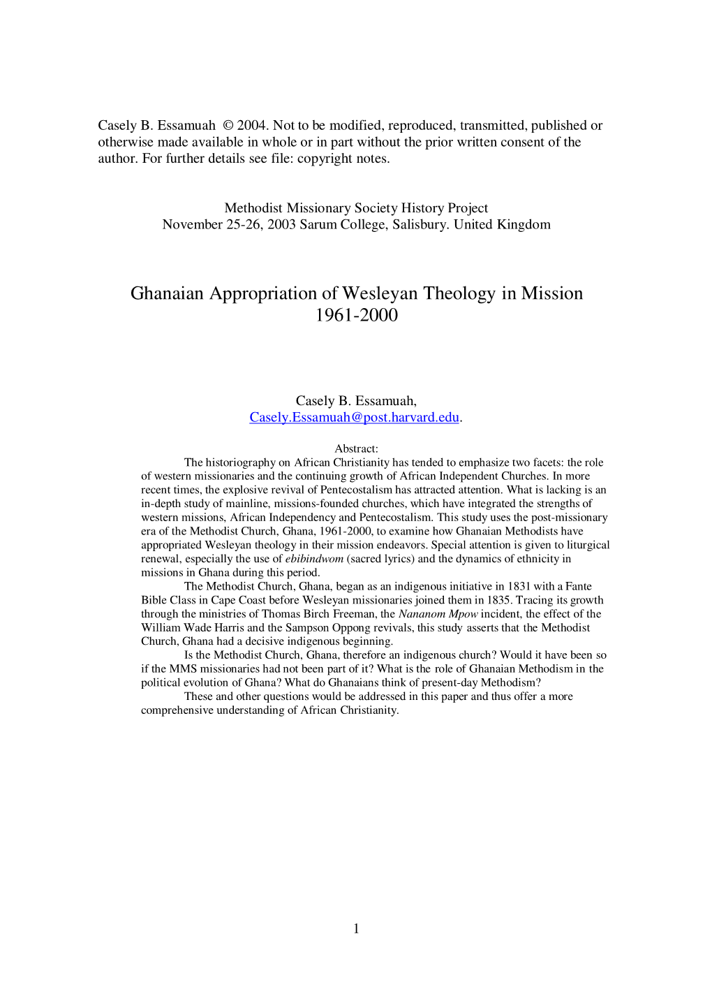 Ghanaian Appropriation of Wesleyan Theology in Mission 1961-2000