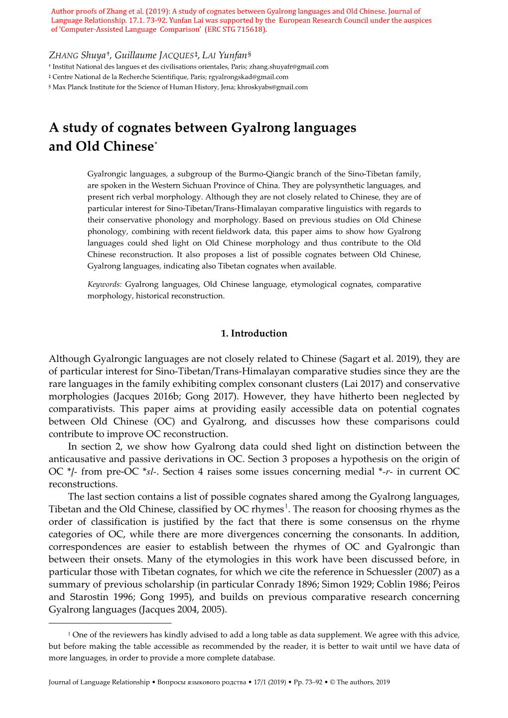 A Study of Cognates Between Gyalrong Languages and Old Chinese