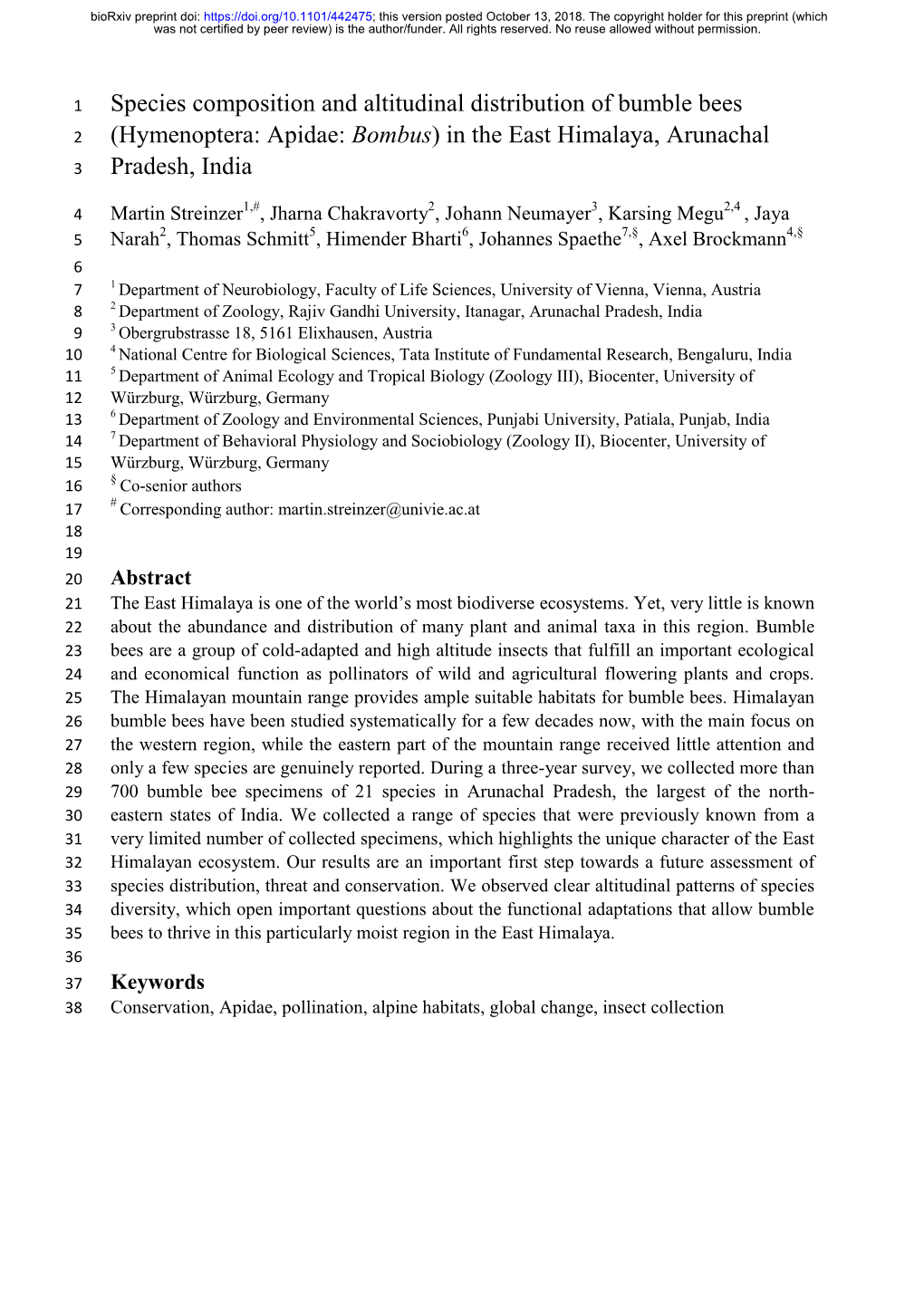 Species Composition and Altitudinal Distribution of Bumble Bees 2 (Hymenoptera: Apidae: Bombus) in the East Himalaya, Arunachal 3 Pradesh, India