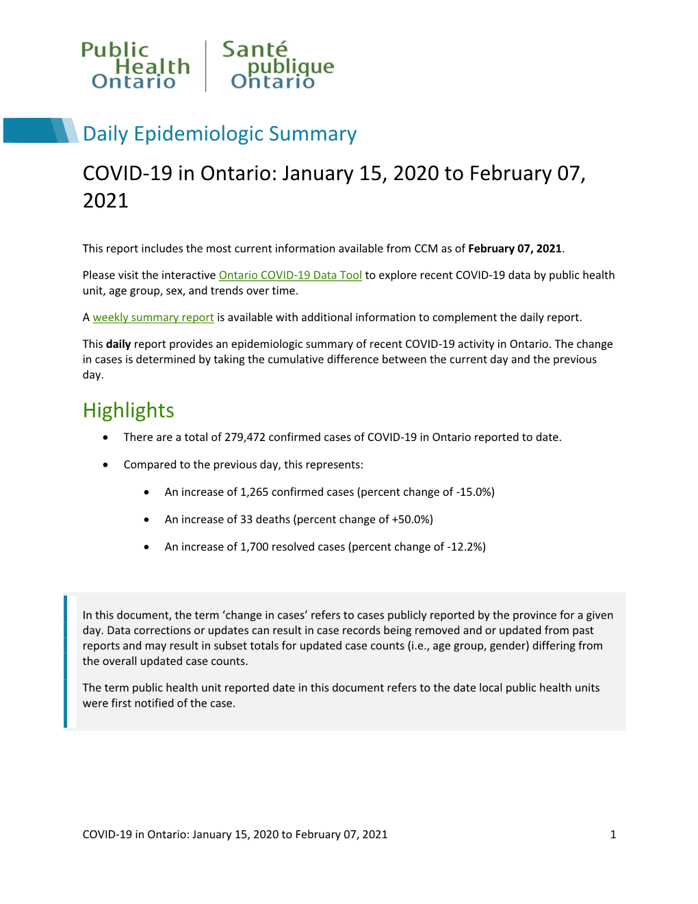 COVID-19 in Ontario: January 15, 2020 to February 07, 2021