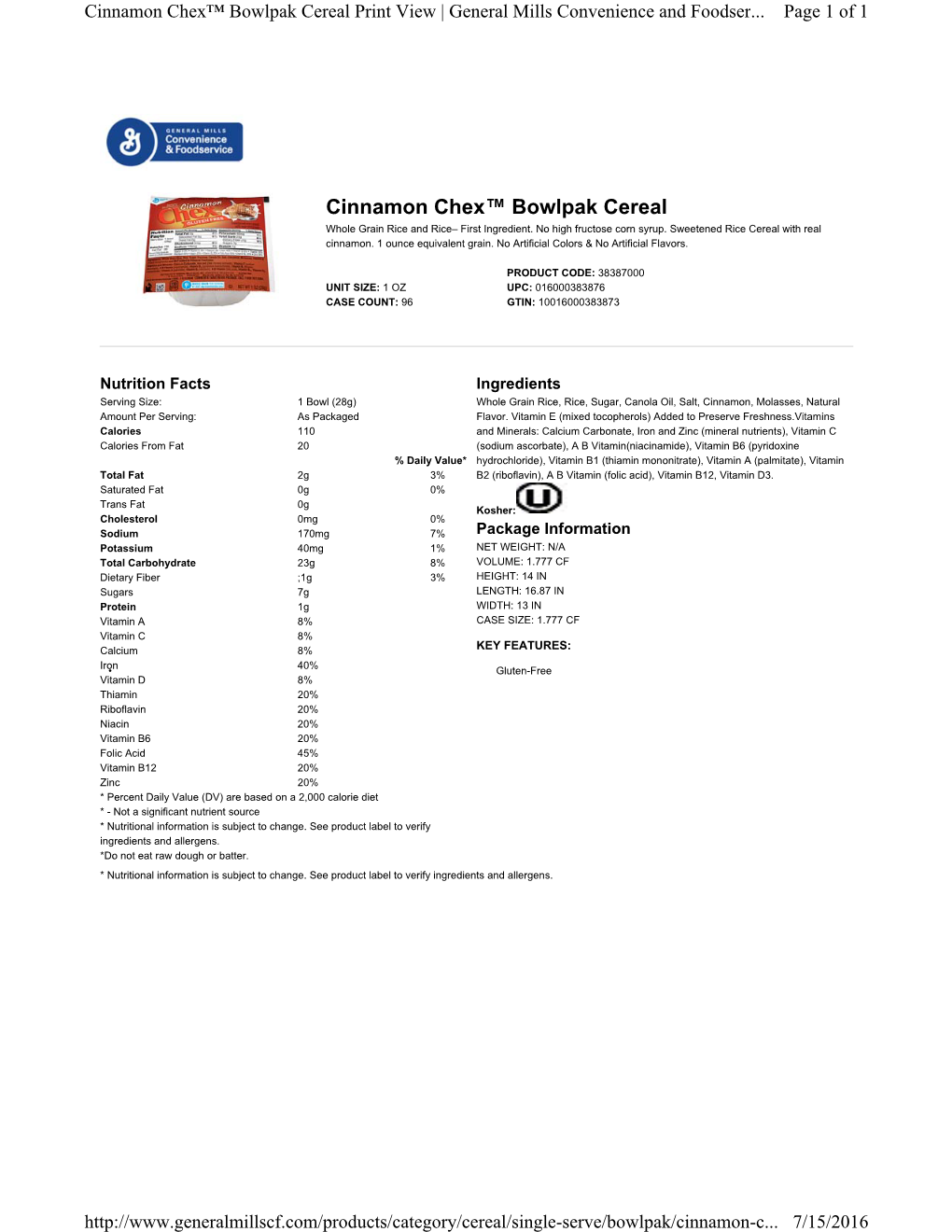 Cinnamon Chex™ Bowlpak Cereal Print View | General Mills Convenience and Foodser