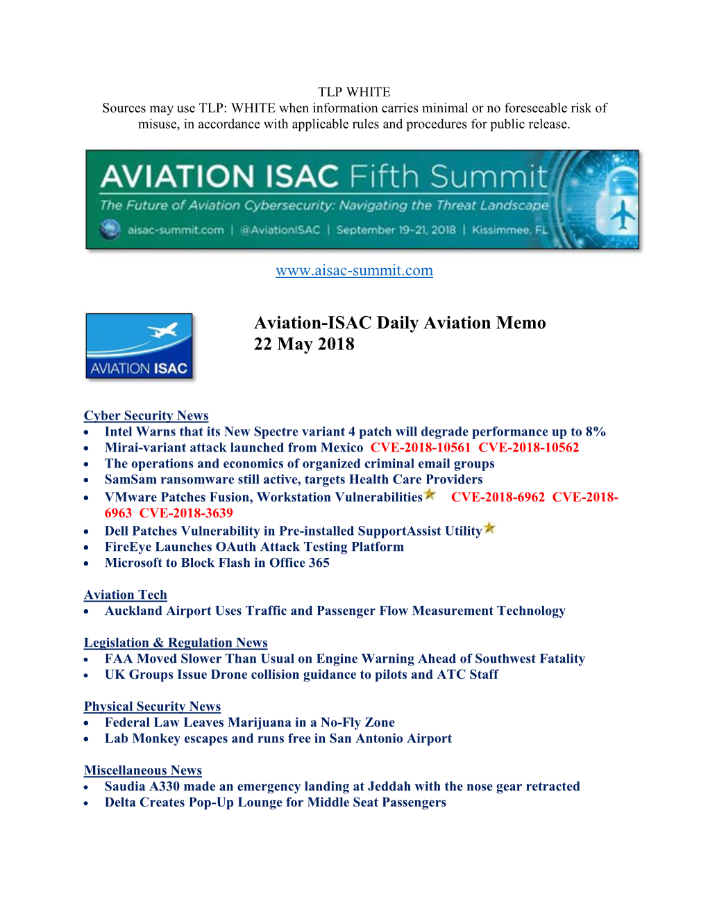 Aviation-ISAC Daily Aviation Memo 22 May 2018