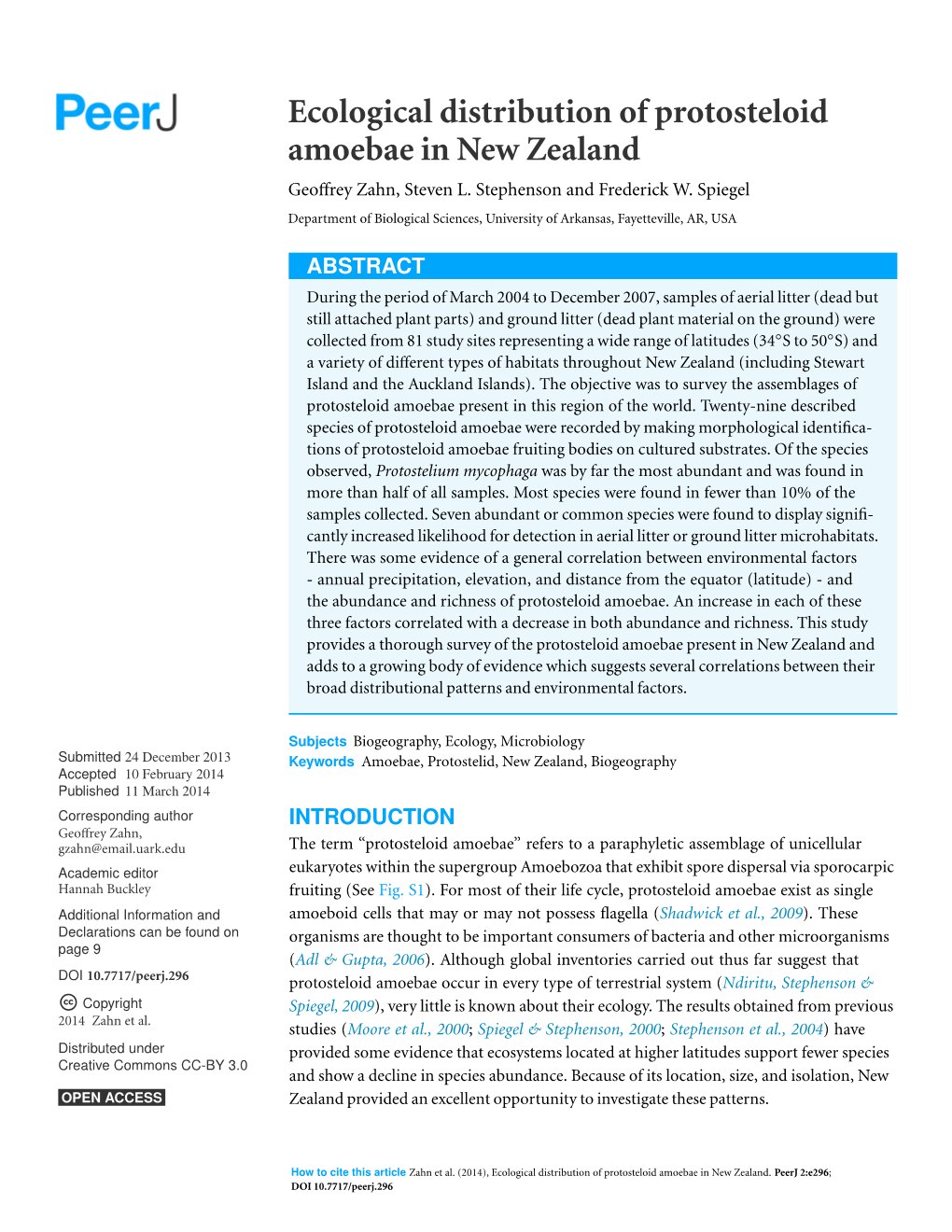 Ecological Distribution of Protosteloid Amoebae in New Zealand Geoffrey Zahn, Steven L