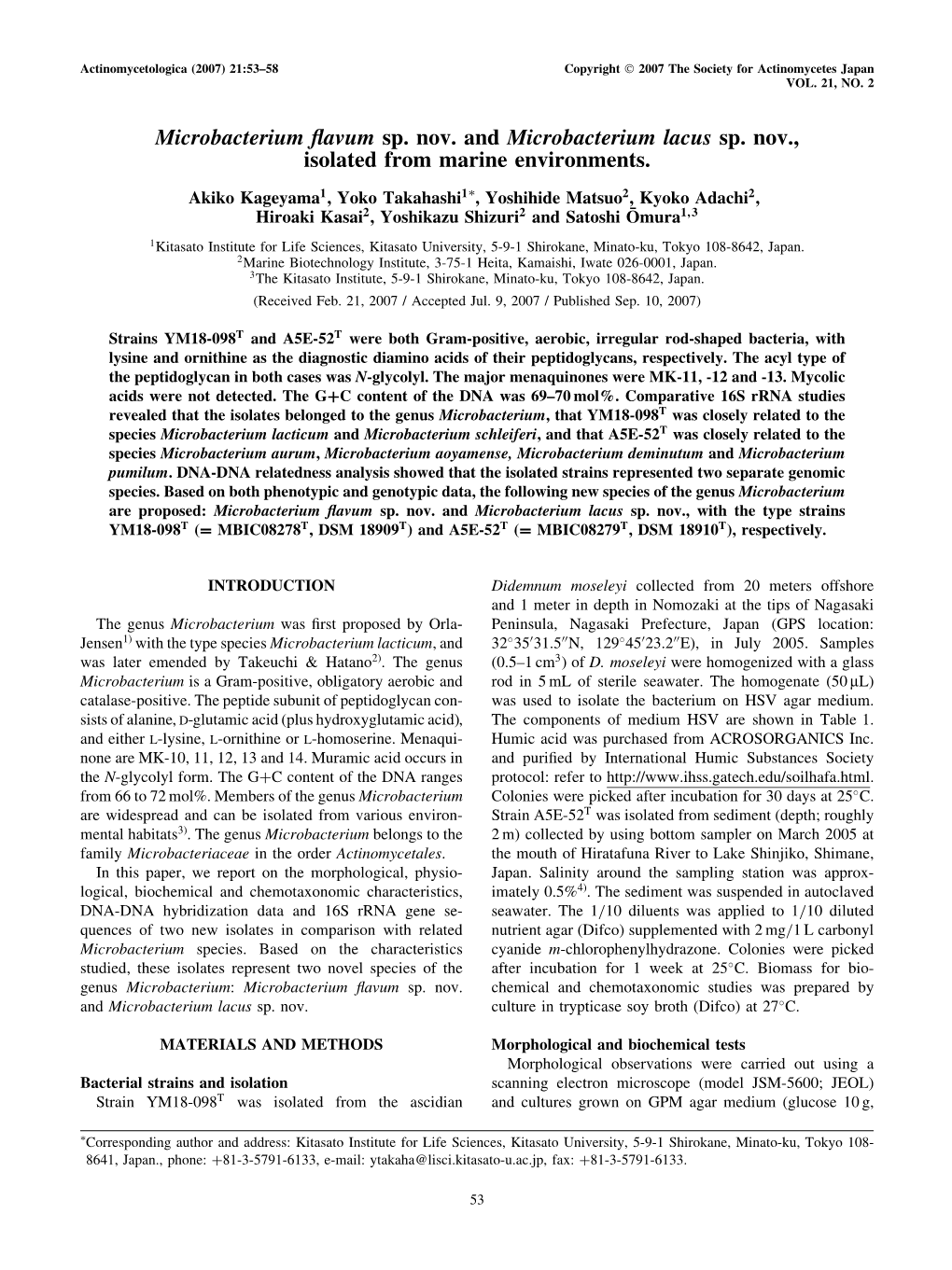 Microbacterium Flavum Sp. Nov. and Microbacterium Lacus Sp. Nov