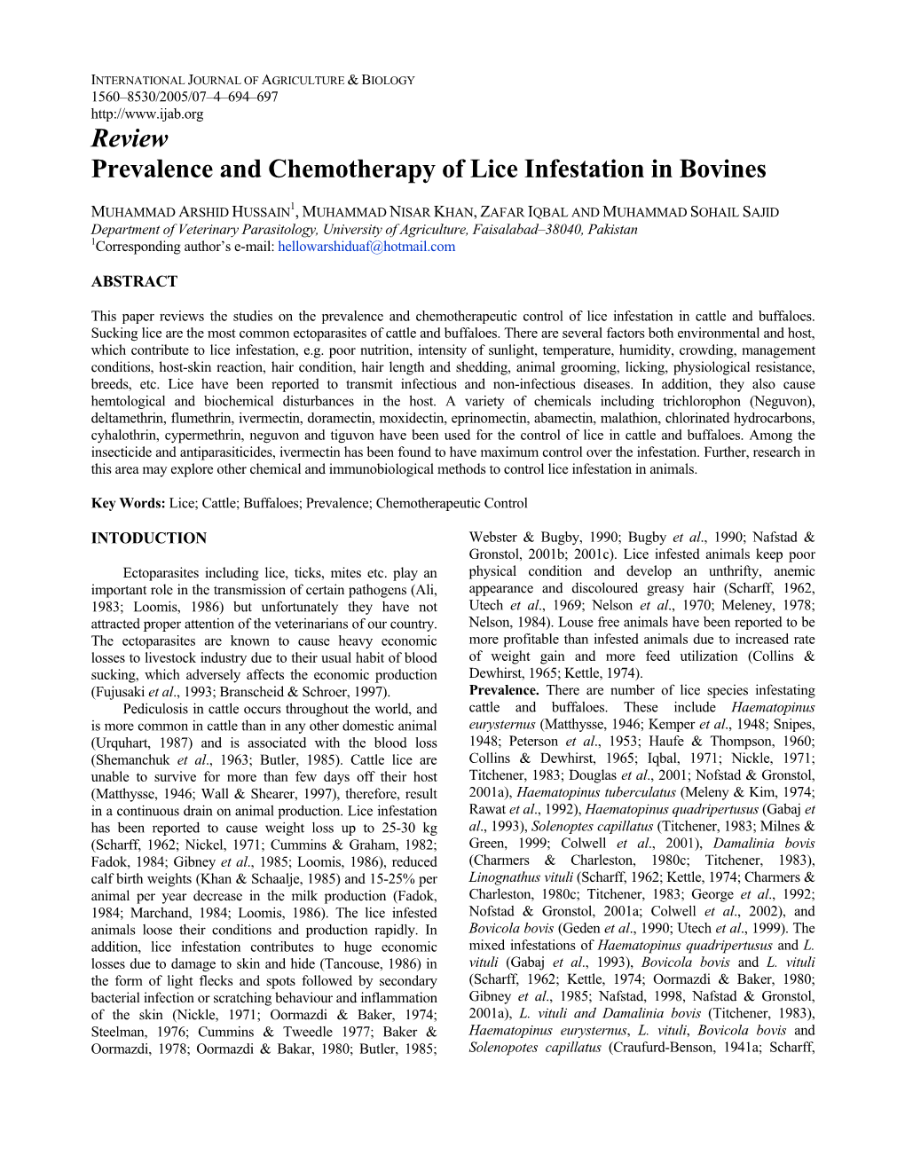 Review Prevalence and Chemotherapy of Lice Infestation in Bovines