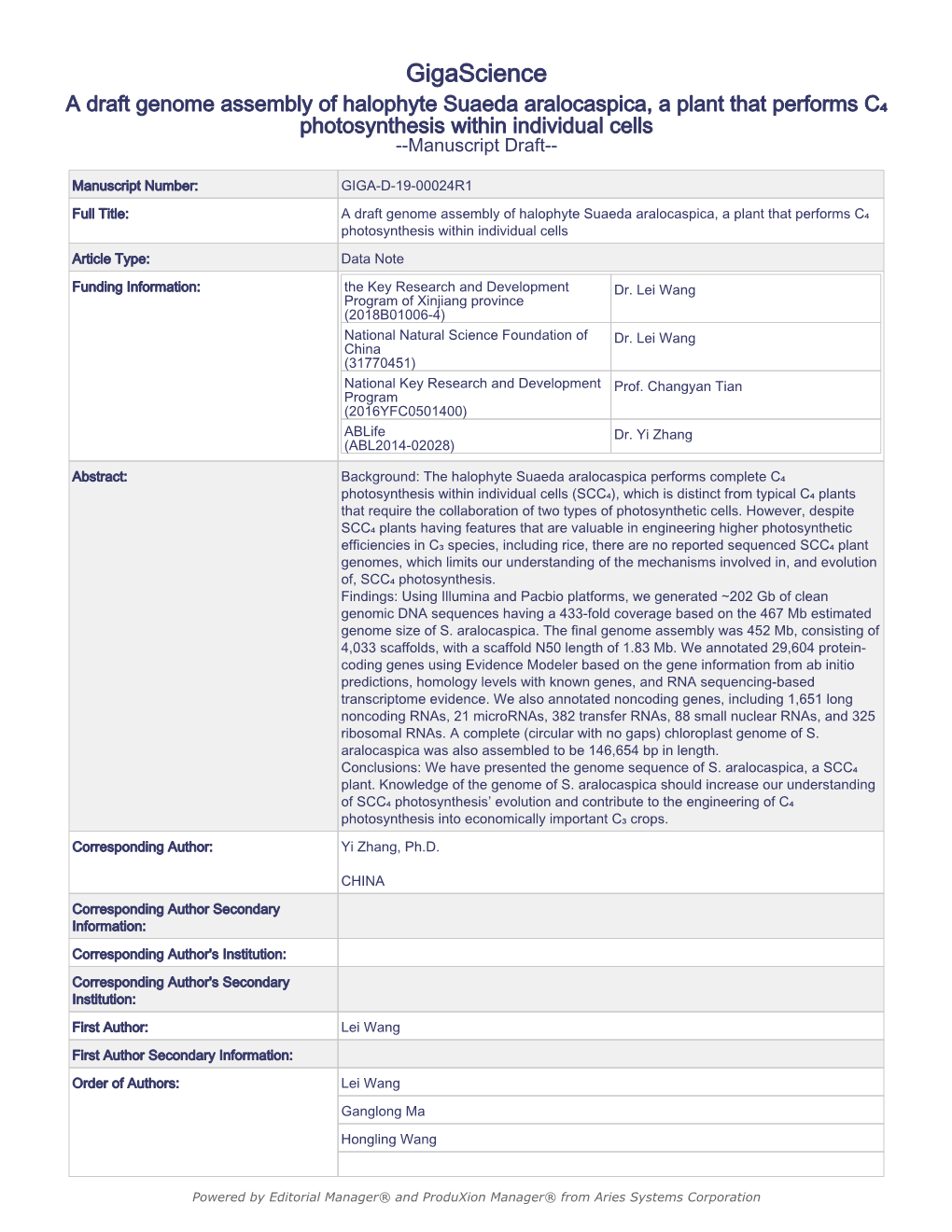 A Draft Genome Assembly of Halophyte Suaeda Aralocaspica, a Plant That Performs C₄ Photosynthesis Within Individual Cells --Manuscript Draft