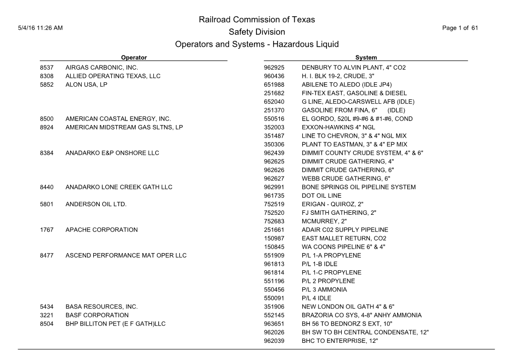 Railroad Commission of Texas Safety Division Operators and Systems