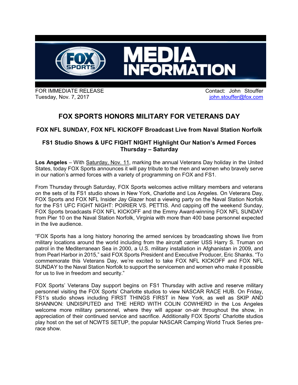 Fox Sports Honors Military for Veterans Day