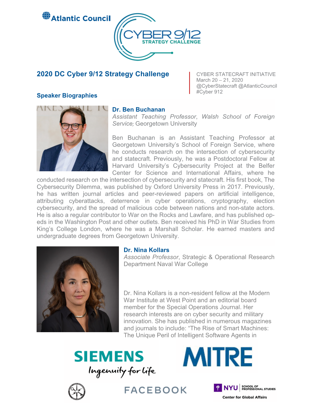 2020 DC Cyber 9/12 Strategy Challenge CYBER STATECRAFT INITIATIVE March 20 – 21, 2020 @Cyberstatecraft @Atlanticcouncil #Cyber 912 Speaker Biographies