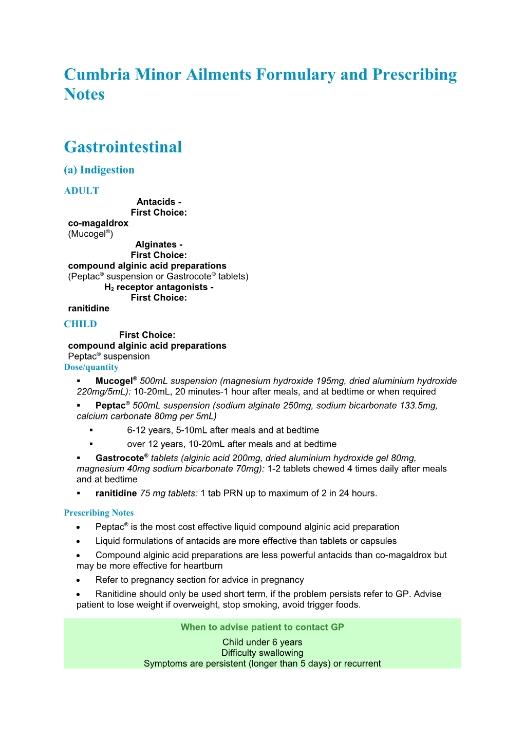 Cumbria Minor Ailments Formulary and Prescribing Notes