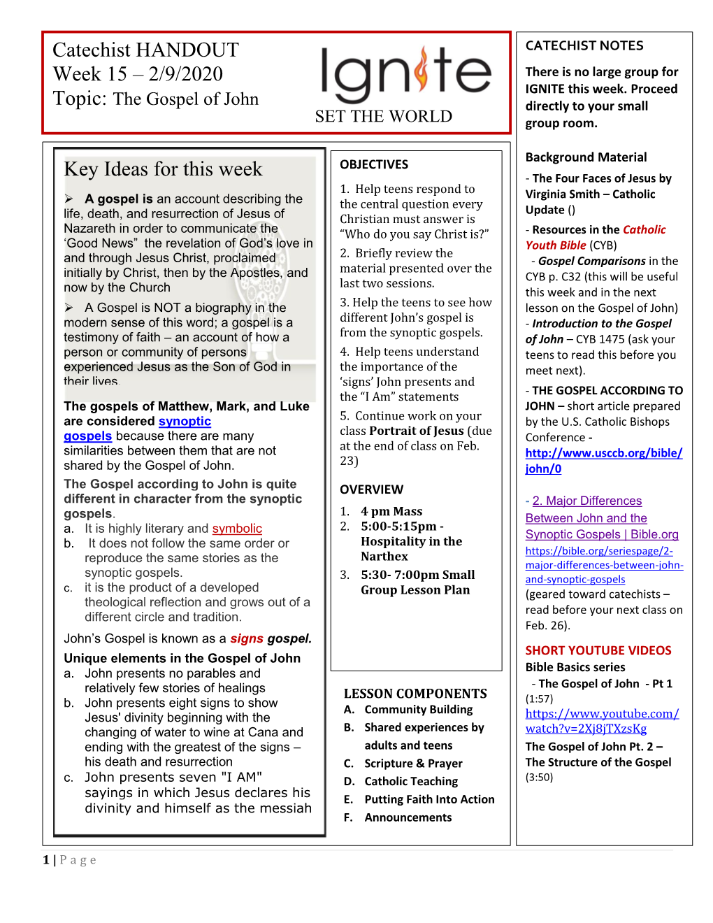 Catechist HANDOUT Week 15