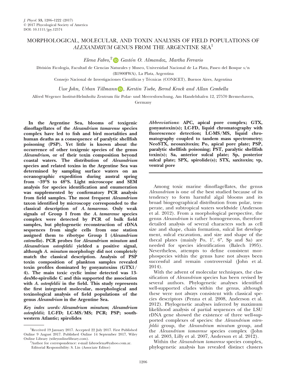 Morphological, Molecular, and Toxin Analysis of Field Populations of Alexandrium Genus from the Argentine Sea1