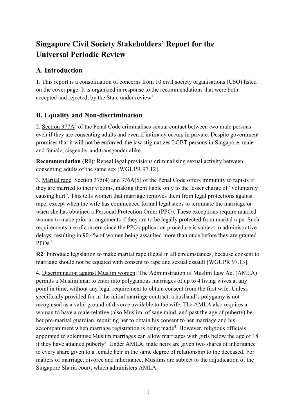 Singapore Civil Society Stakeholders' Report for the Universal Periodic