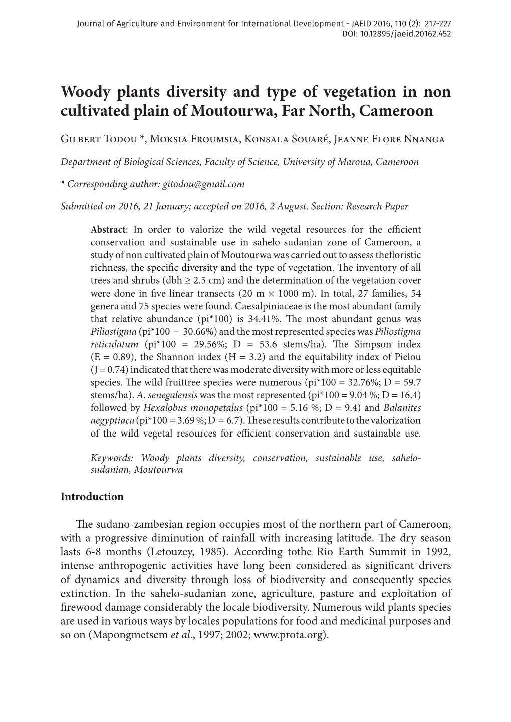 Woody Plants Diversity and Type of Vegetation in Non Cultivated Plain of Moutourwa, Far North, Cameroon