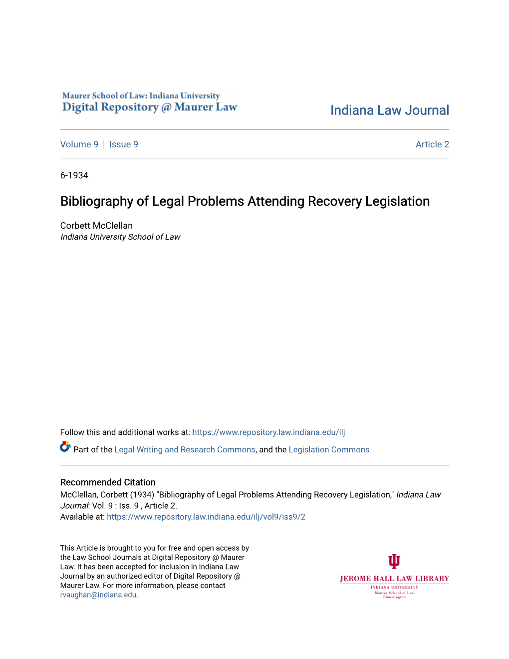 Bibliography of Legal Problems Attending Recovery Legislation