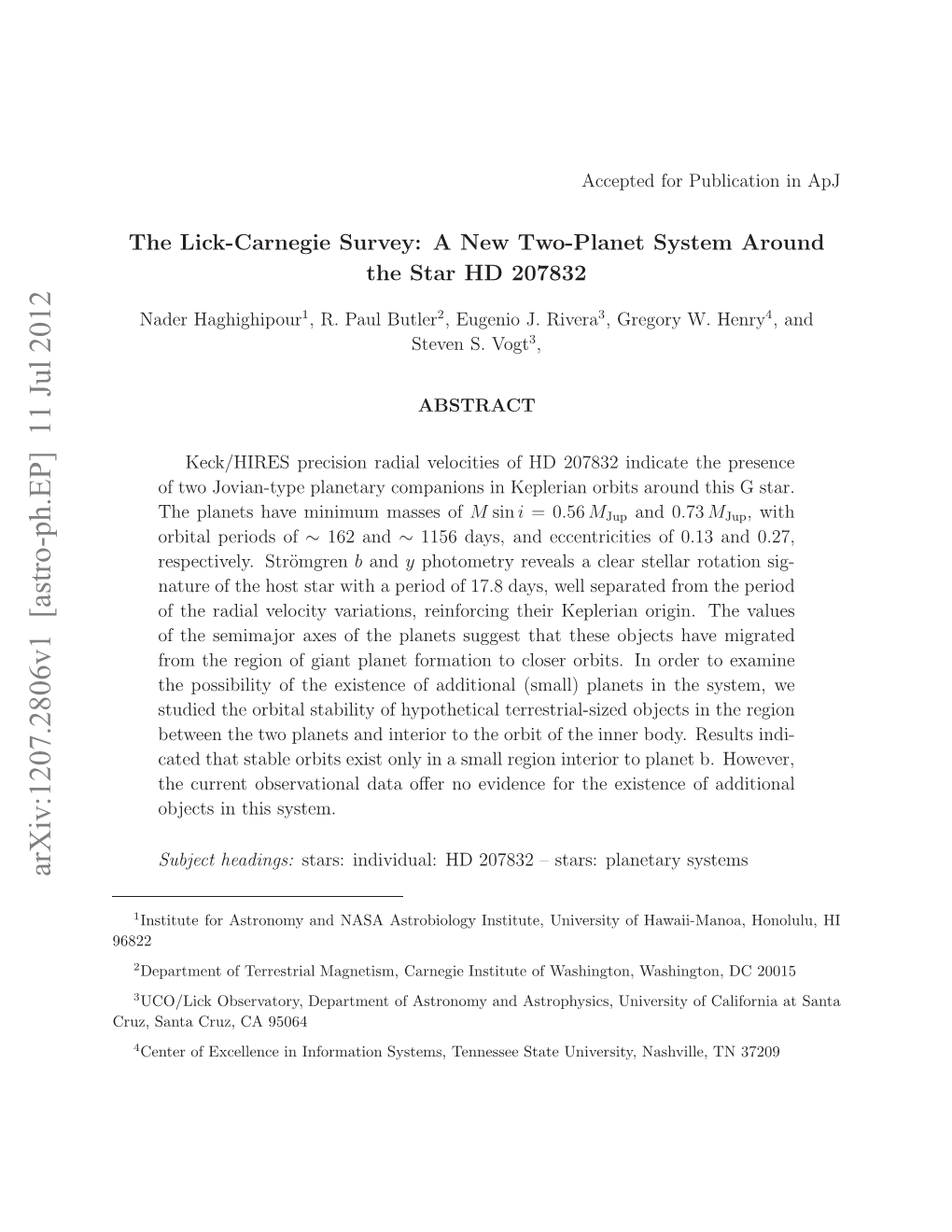 The Lick-Carnegie Survey: a New Two-Planet System Around the Star HD 207832
