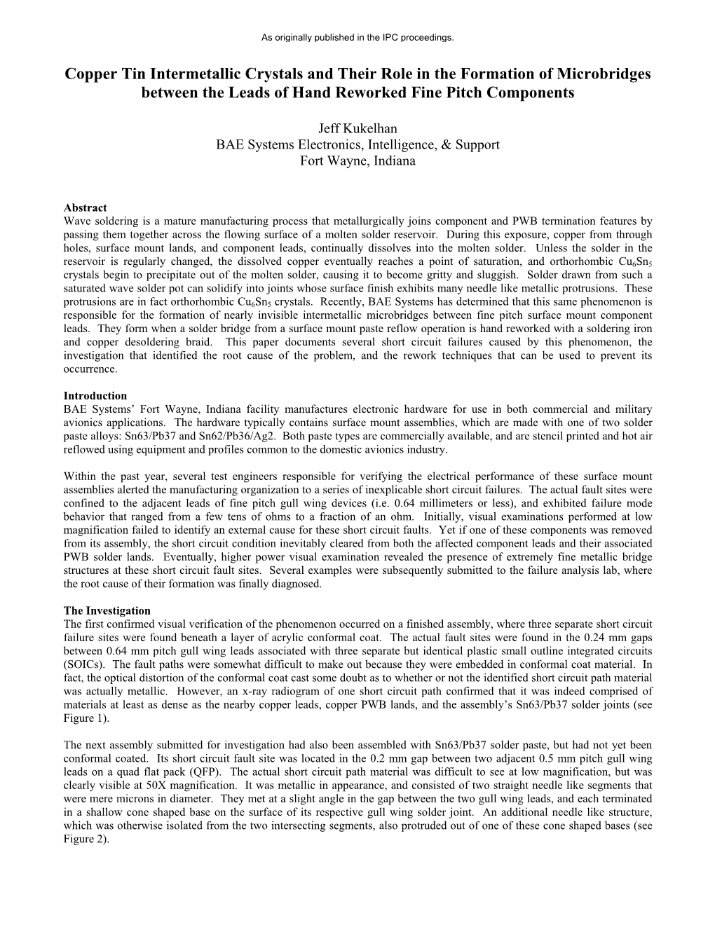 Copper Tin Intermetallic Crystals and Their Role in the Formation of Microbridges Between the Leads of Hand Reworked Fine Pitch Components