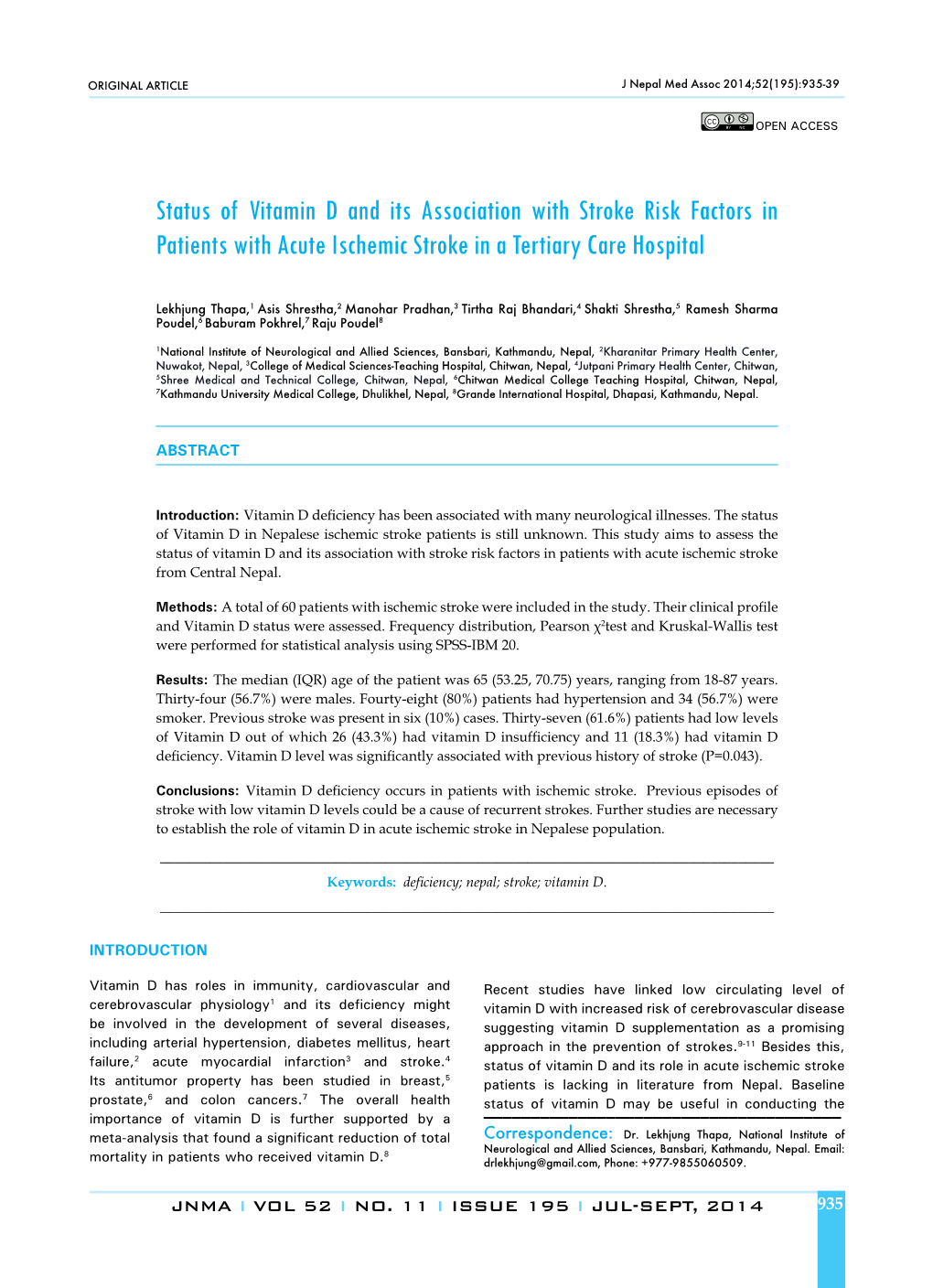 Status of Vitamin D and Its Association with Stroke Risk Factors in Patients with Acute Ischemic Stroke in a Tertiary Care Hospital