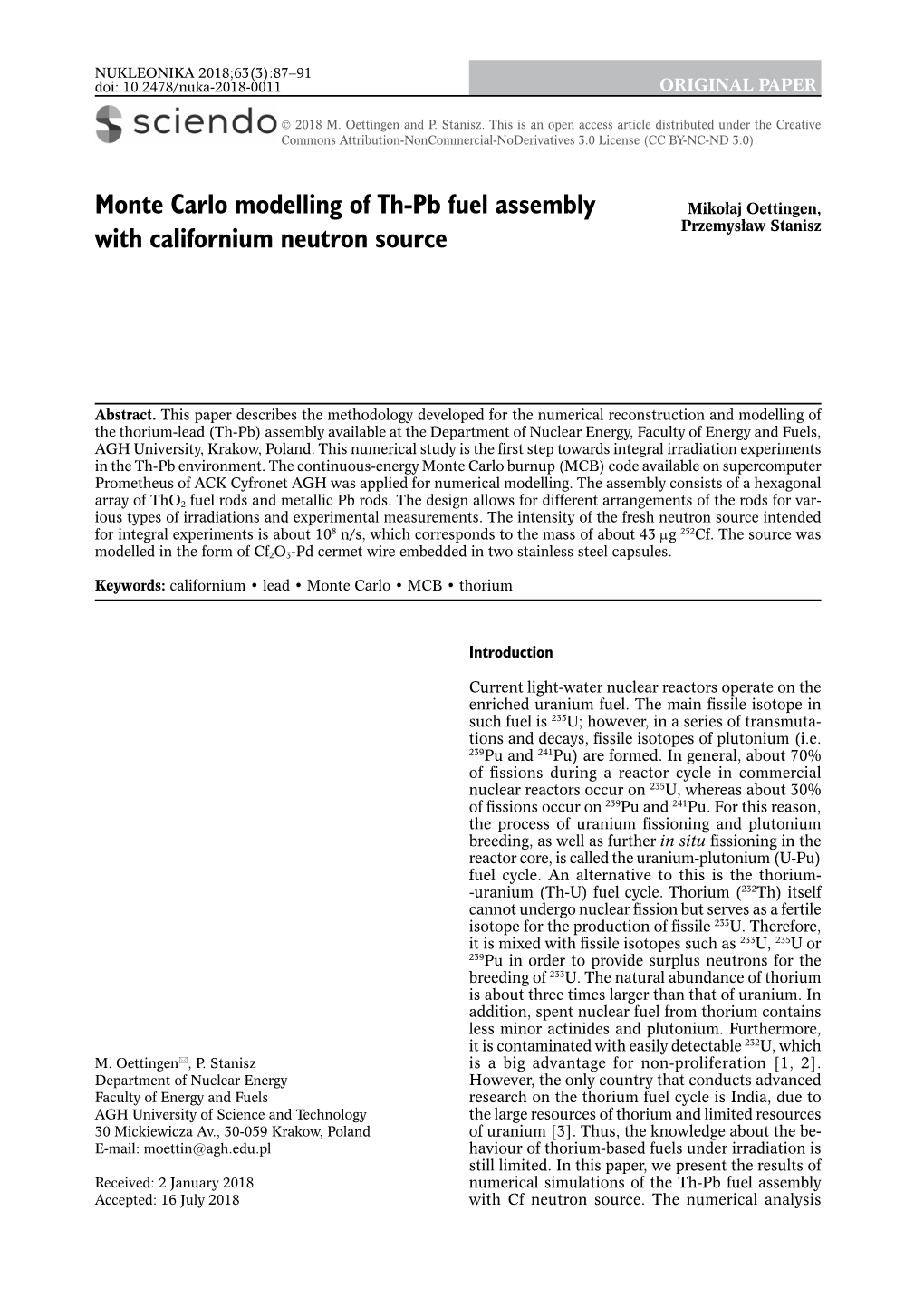 Monte Carlo Modelling of Th-Pb Fuel Assembly with Californium Neutron Source 89