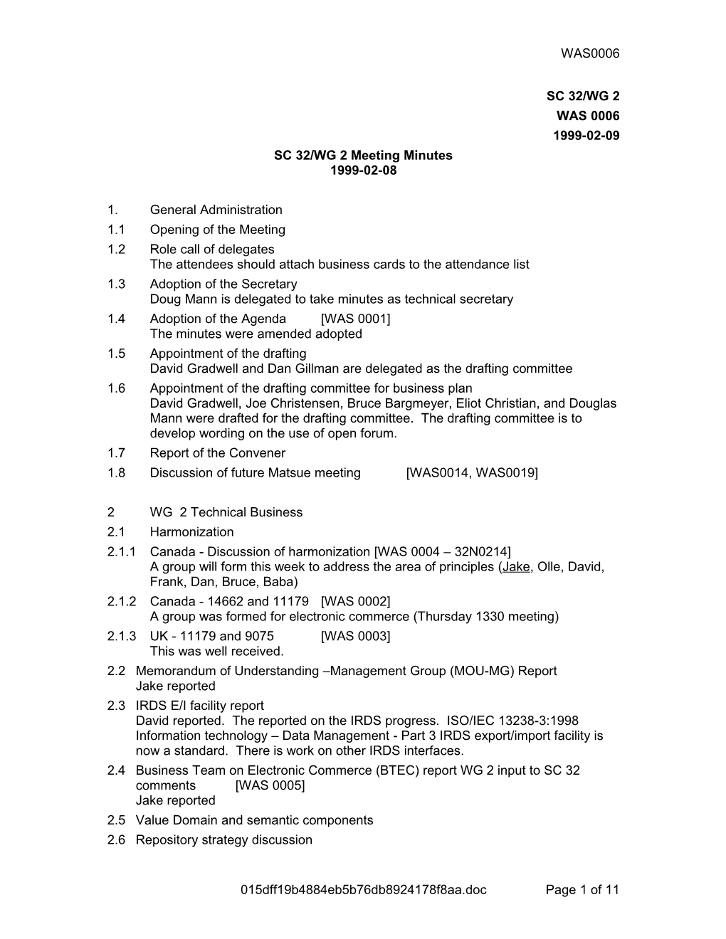 SC 32/WG 2 Meeting Minutes 1999-02-08