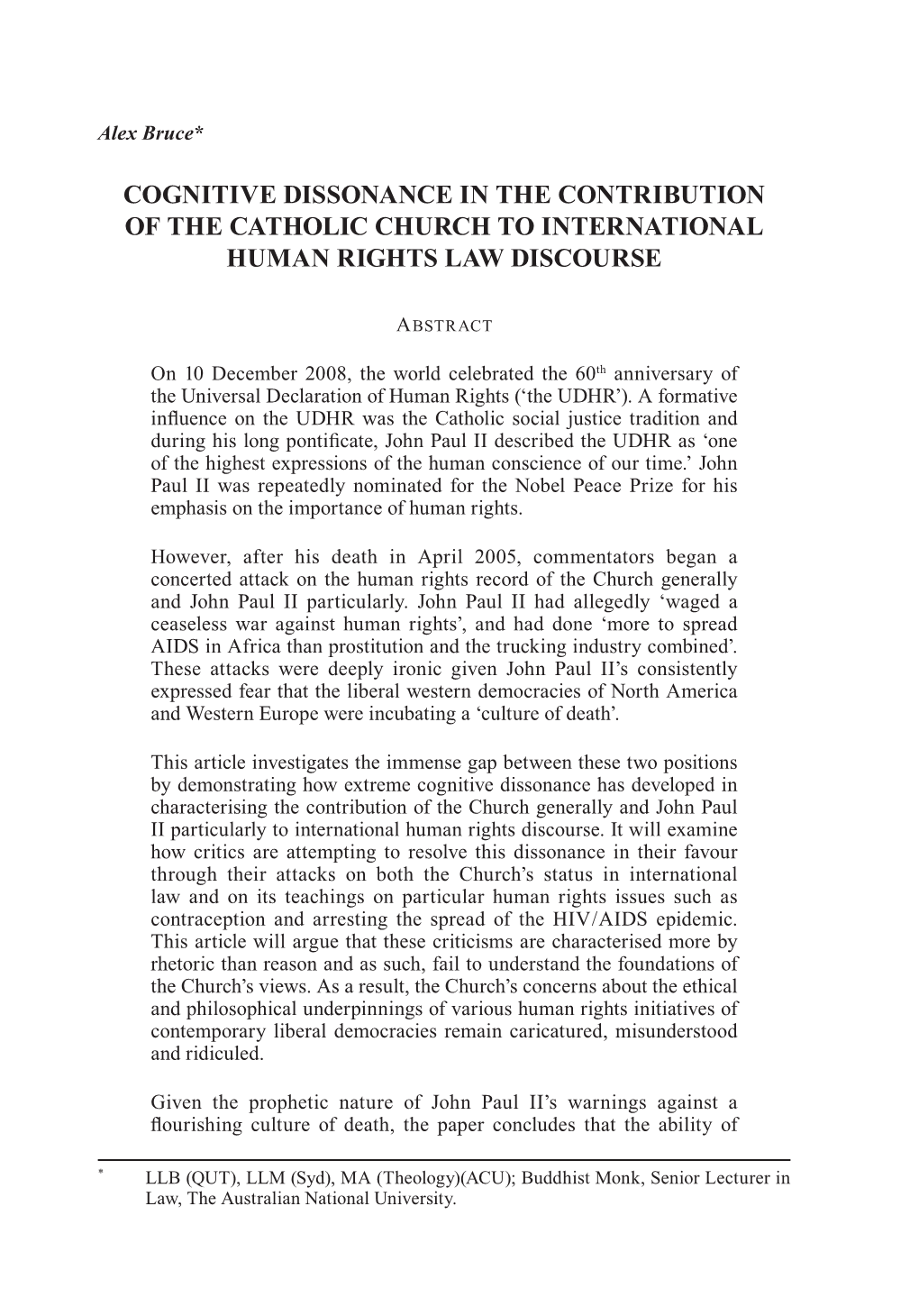 Cognitive Dissonance in the Contribution of the Catholic Church to International Human Rights Law Discourse