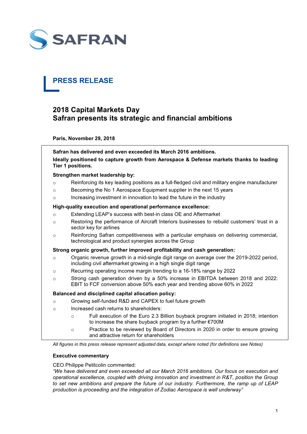 PRESS RELEASE 2018 Capital Markets Day Safran Presents Its