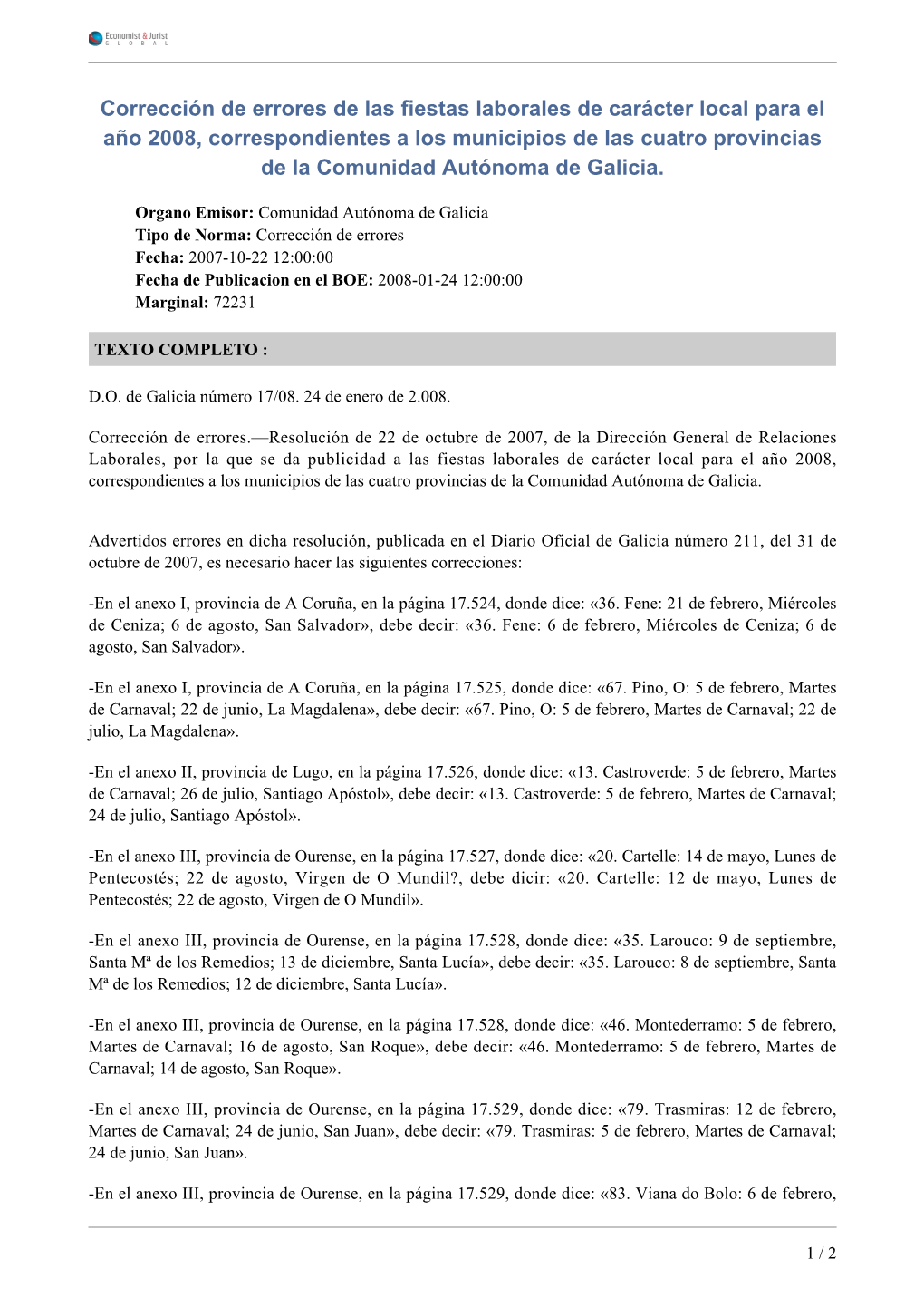 Corrección De Errores De Las Fiestas Laborales De Carácter Local Para El