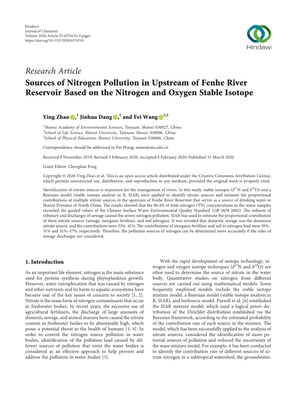 Sources of Nitrogen Pollution in Upstream of Fenhe River Reservoir Based on the Nitrogen and Oxygen Stable Isotope