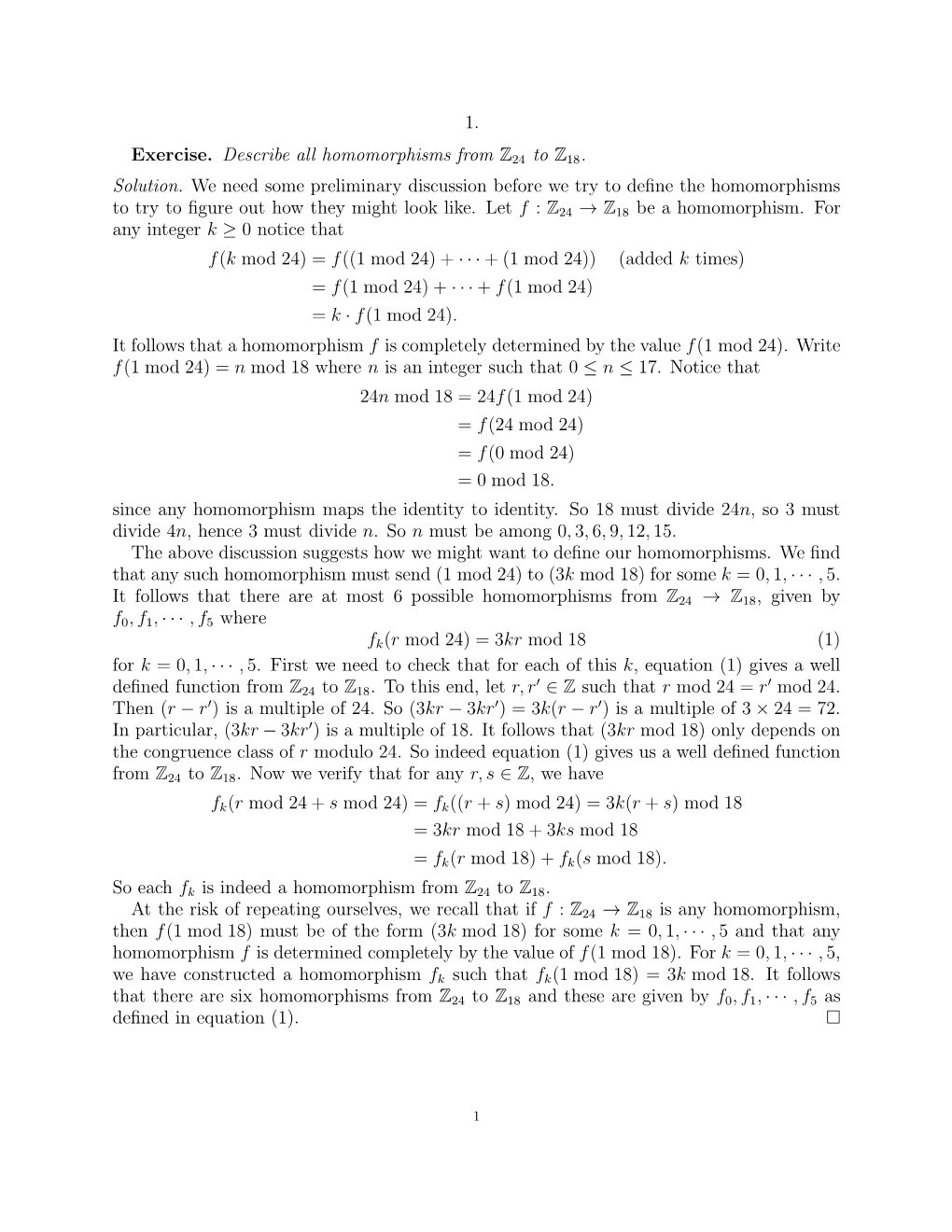 Exercise. Describe All Homomorphisms from Z24 to Z18. Solution