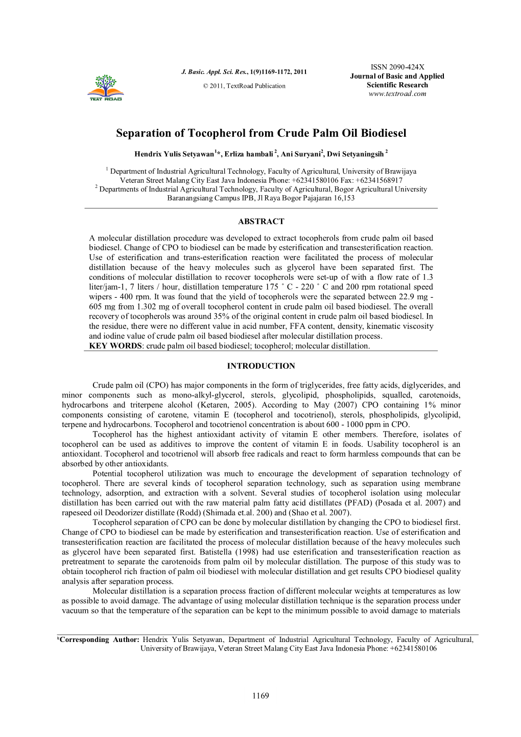 Separation of Tocopherol from Crude Palm Oil Biodiesel