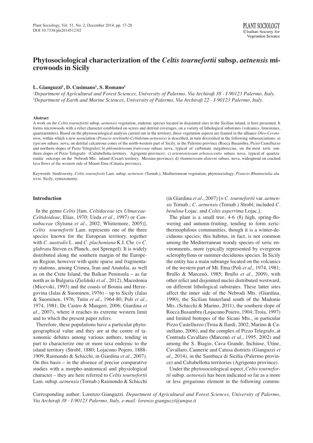 Phytosociological Characterization of the Celtis Tournefortii Subsp. Aetnensis Mi- Crowoods in Sicily