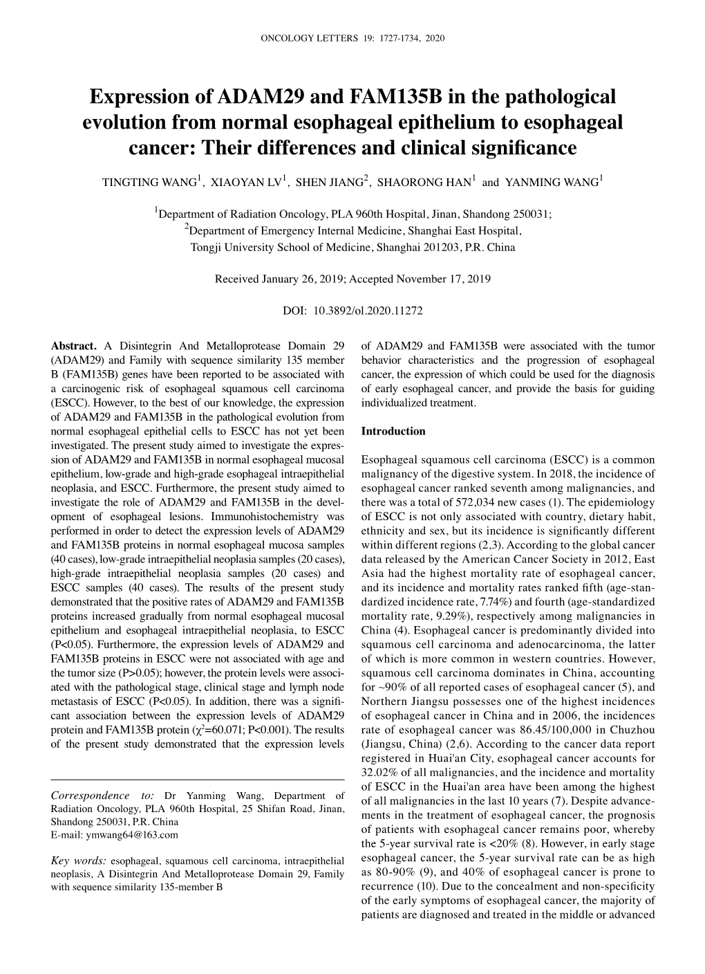 Expression of ADAM29 and FAM135B in the Pathological Evolution from Normal Esophageal Epithelium to Esophageal Cancer: Their Differences and Clinical Significance