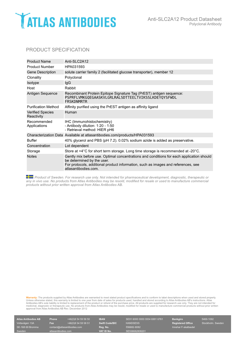 PRODUCT SPECIFICATION Anti-SLC2A12 Product Datasheet