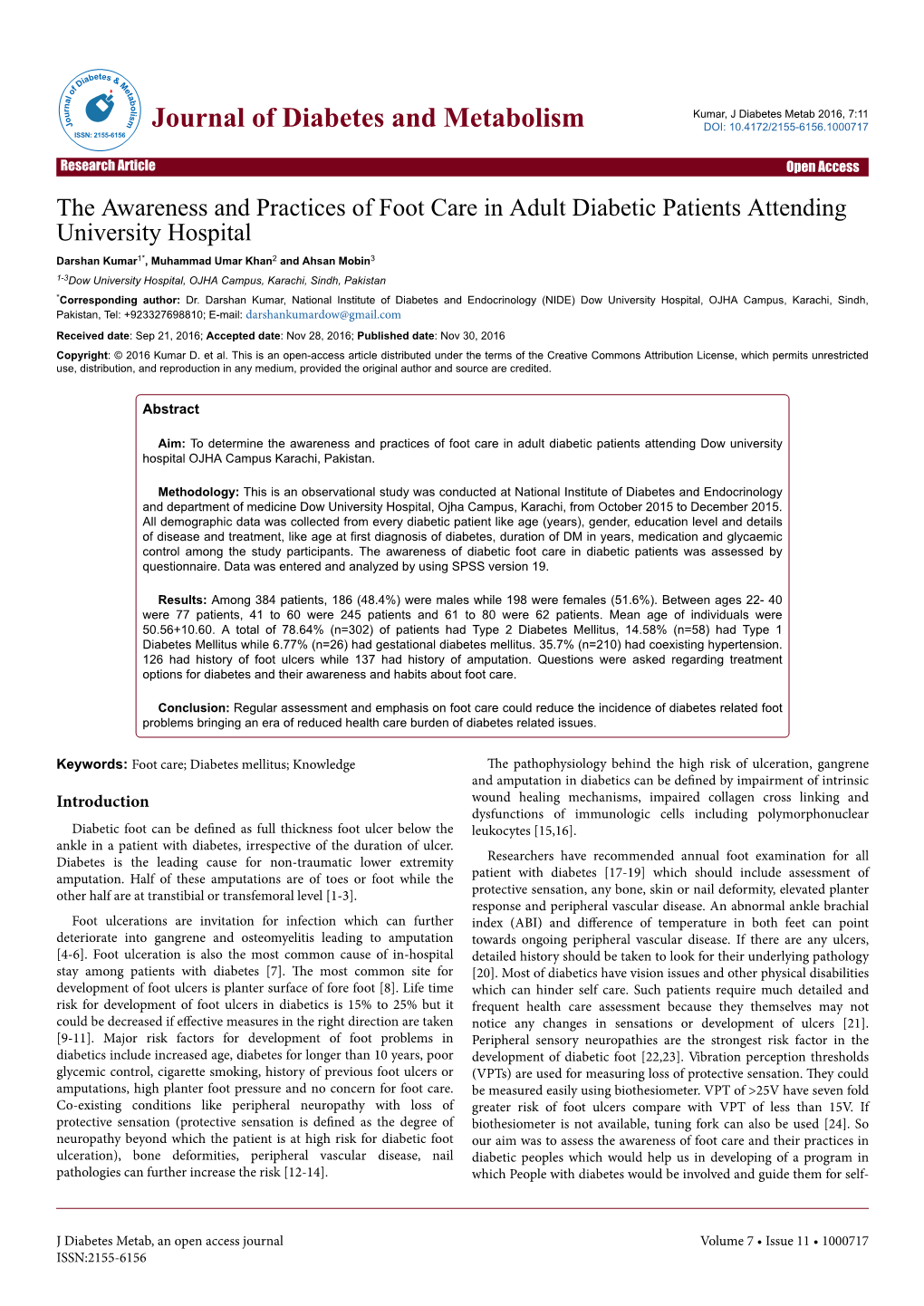 The Awareness and Practices of Foot Care in Adult Diabetic Patients Attending University Hospital