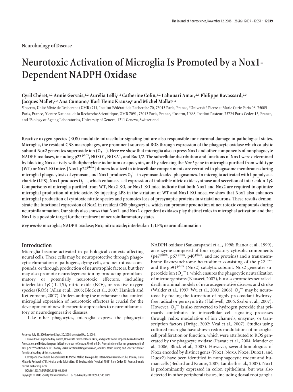 Neurotoxic Activation of Microglia Is Promoted by a Nox1- Dependent NADPH Oxidase