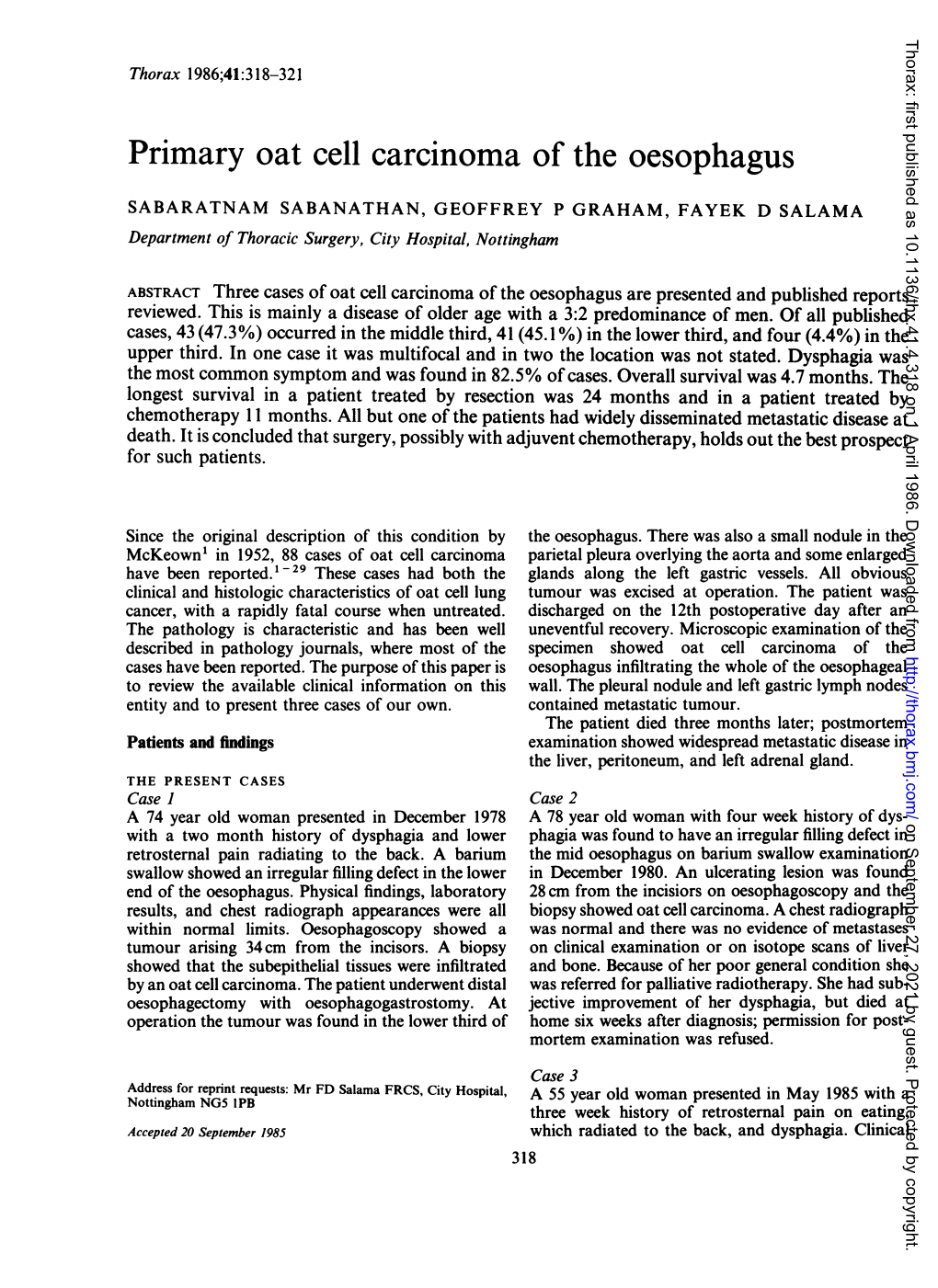 Primary Oat Cell Carcinoma Ofthe Oesophagus