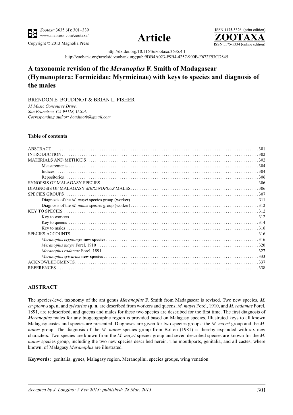 A Taxonomic Revision of the Meranoplus F. Smith of Madagascar (Hymenoptera: Formicidae: Myrmicinae) with Keys to Species and Diagnosis of the Males