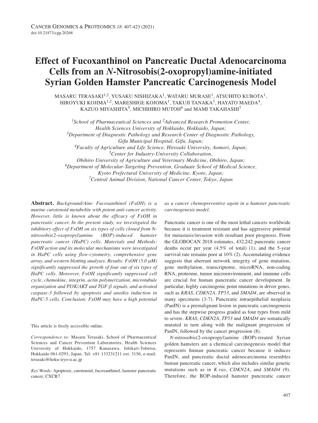 Effect of Fucoxanthinol on Pancreatic