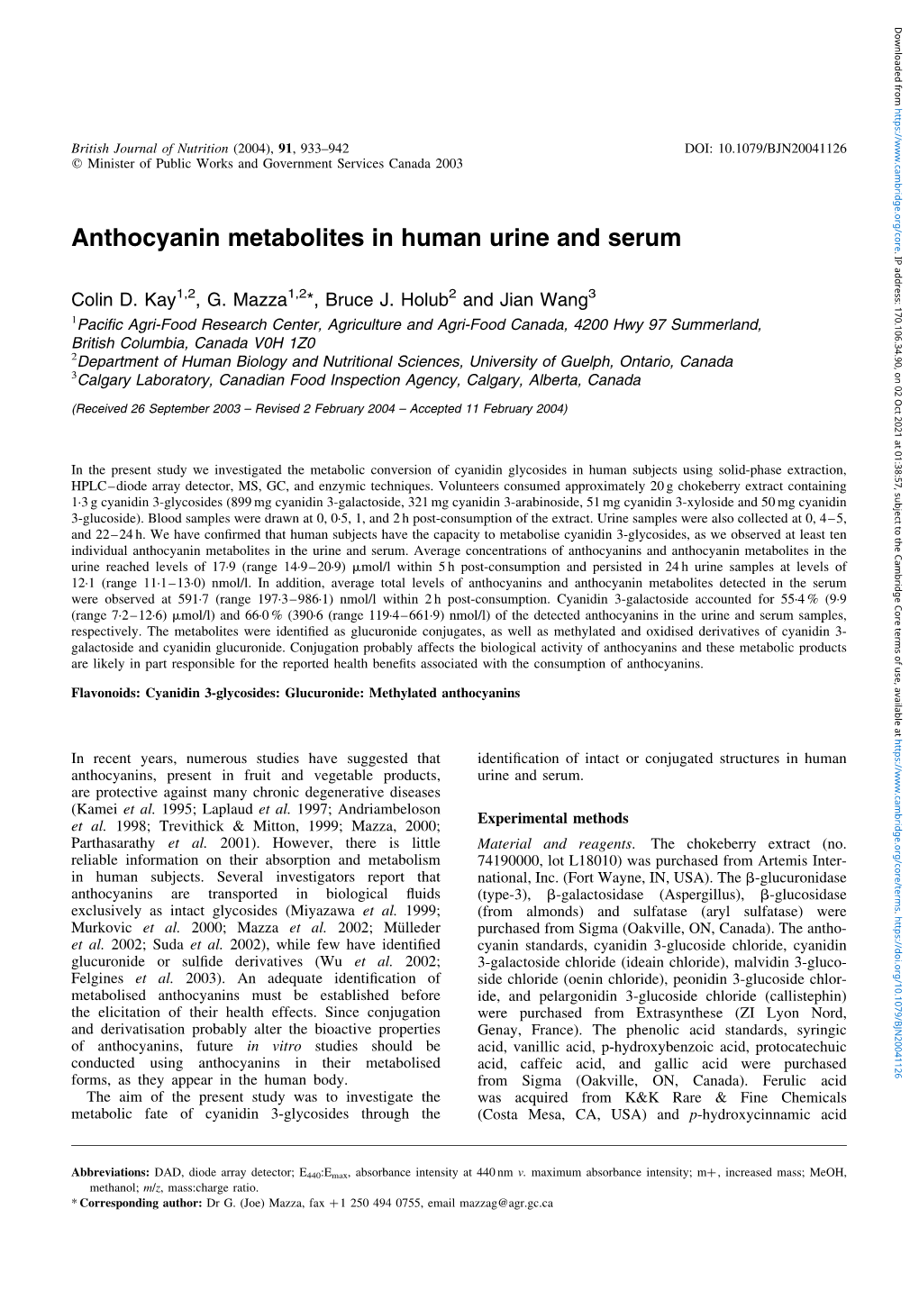 Anthocyanin Metabolites in Human Urine and Serum