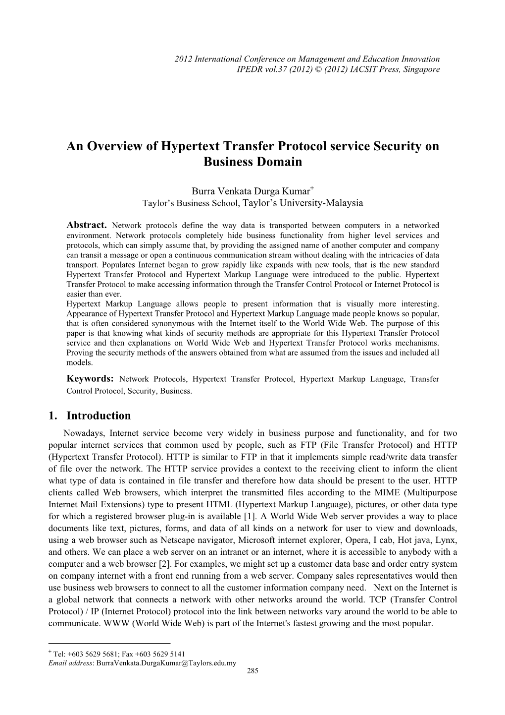 An Overview of Hypertext Transfer Protocol Service Security on Business Domain