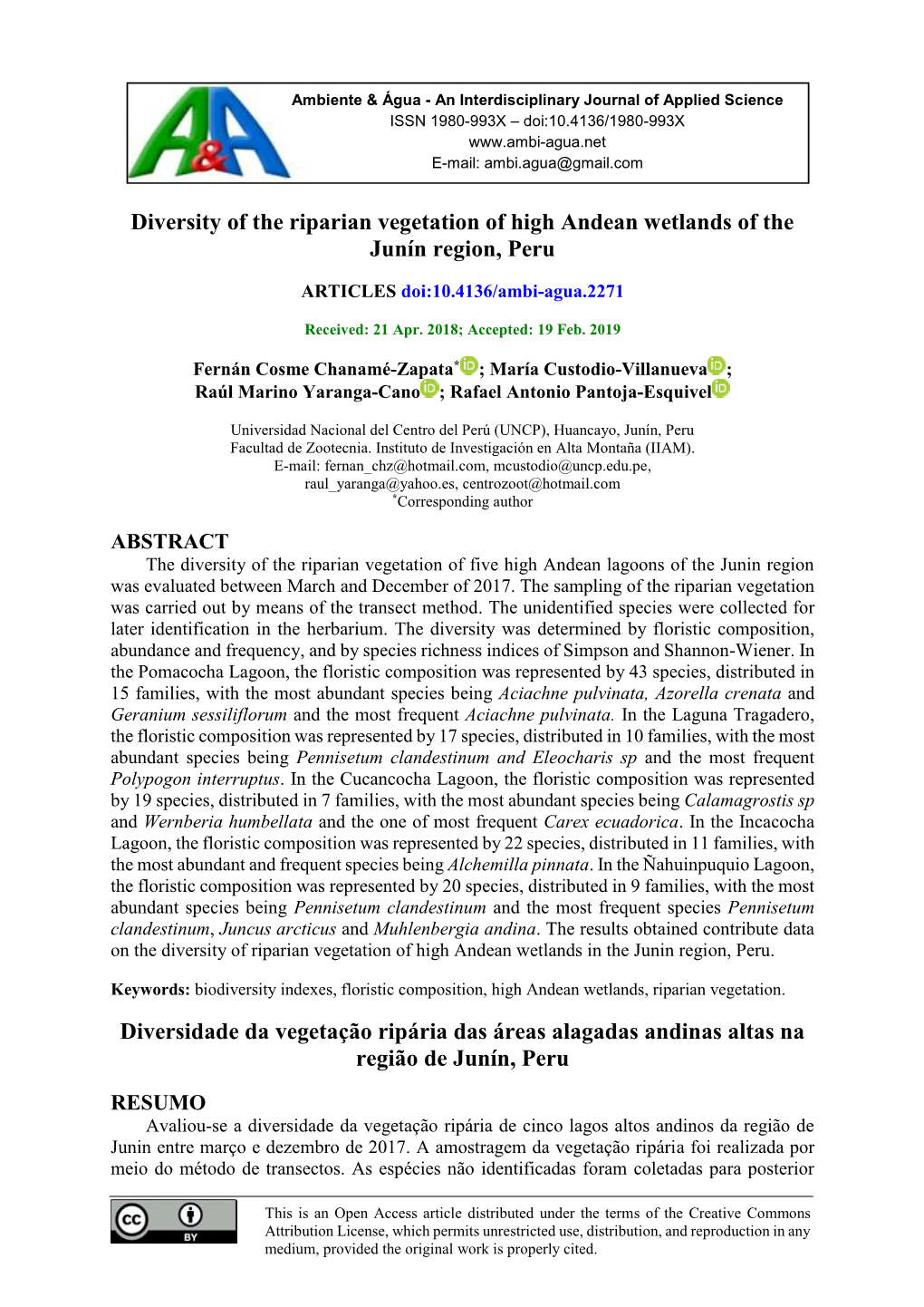 Diversidade Da Vegetação Ripária Das Áreas Alagadas Andinas Altas Na Região De Junín, Peru