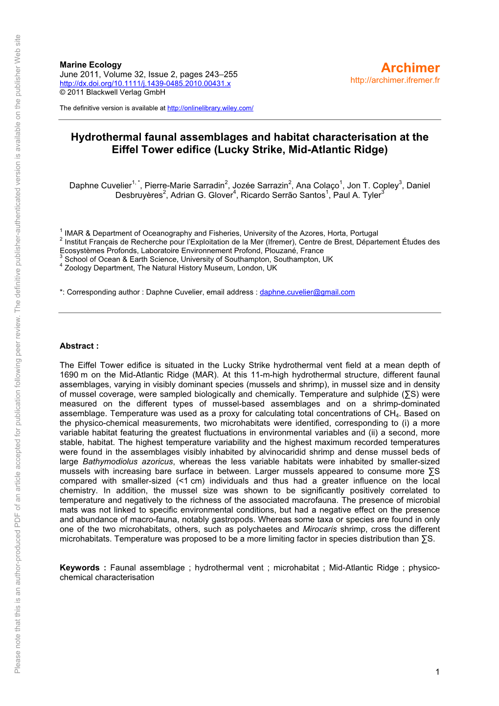 Hydrothermal Faunal Assemblages and Habitat Characterisation at The