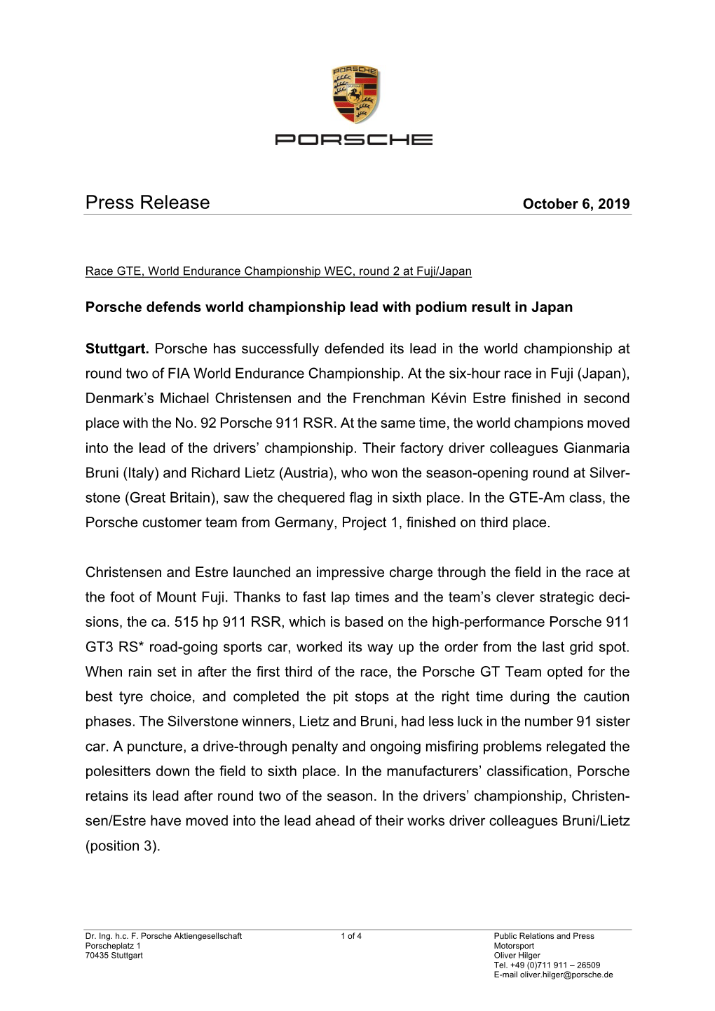 Press Release October 6, 2019