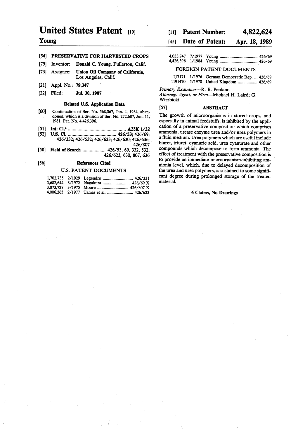 United States Patent (19) 11 Patent Number: 4,822,624 Young (45) Date of Patent: Apr